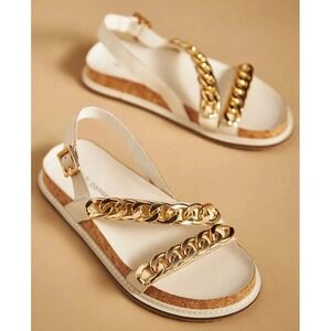 New Kelsi Dagger Brooklyn Ivory Leather Gold Chain Slingback Sandal Women's 8.5M
